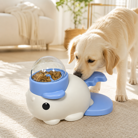 Dog using SnuggleMutt fish feeder